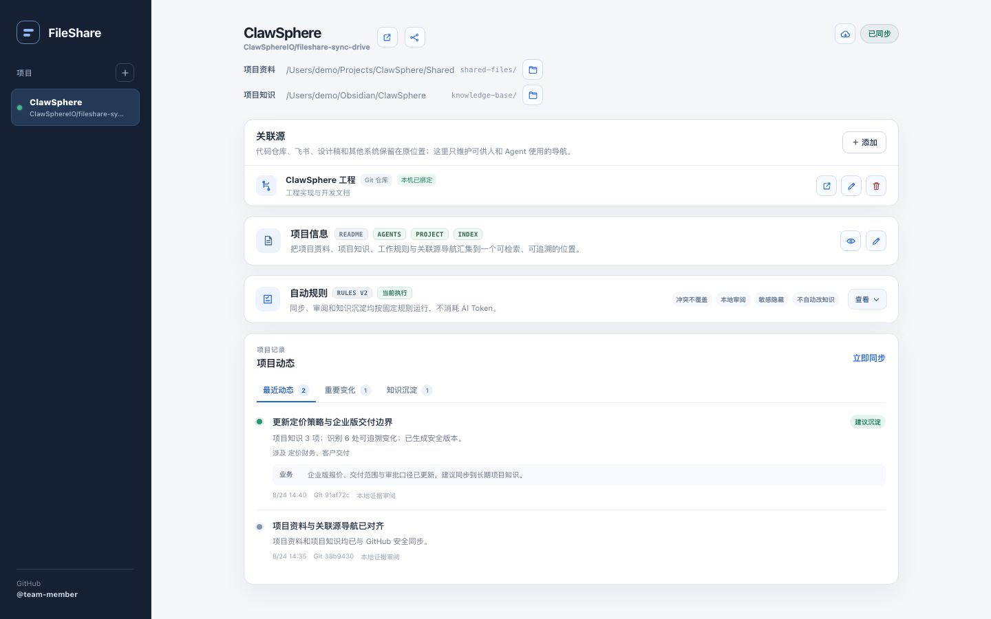 FileShare 当前产品界面，显示 ClawSphere 的项目资料、项目知识、关联源、自动规则与项目动态